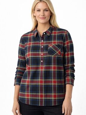 Tommy Hilfiger Flannel Shirt Red Blue Popover 1/2 Placket Soft Shirt Sz Large